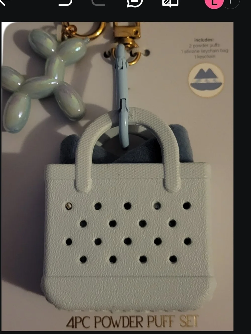 New Mini Tote Keychain, 4PC Powder Puff Set, Blue Iridescent Balloon Dog Charm‎